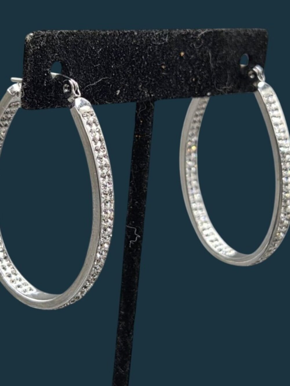 DSMK Emma Skye Silver Tone Stainless Steel Crystal Pave Oval Hoop Earrings